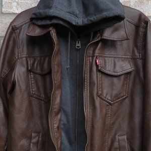 SIZE S. LEVI'S brown faux leather hooded jacket.